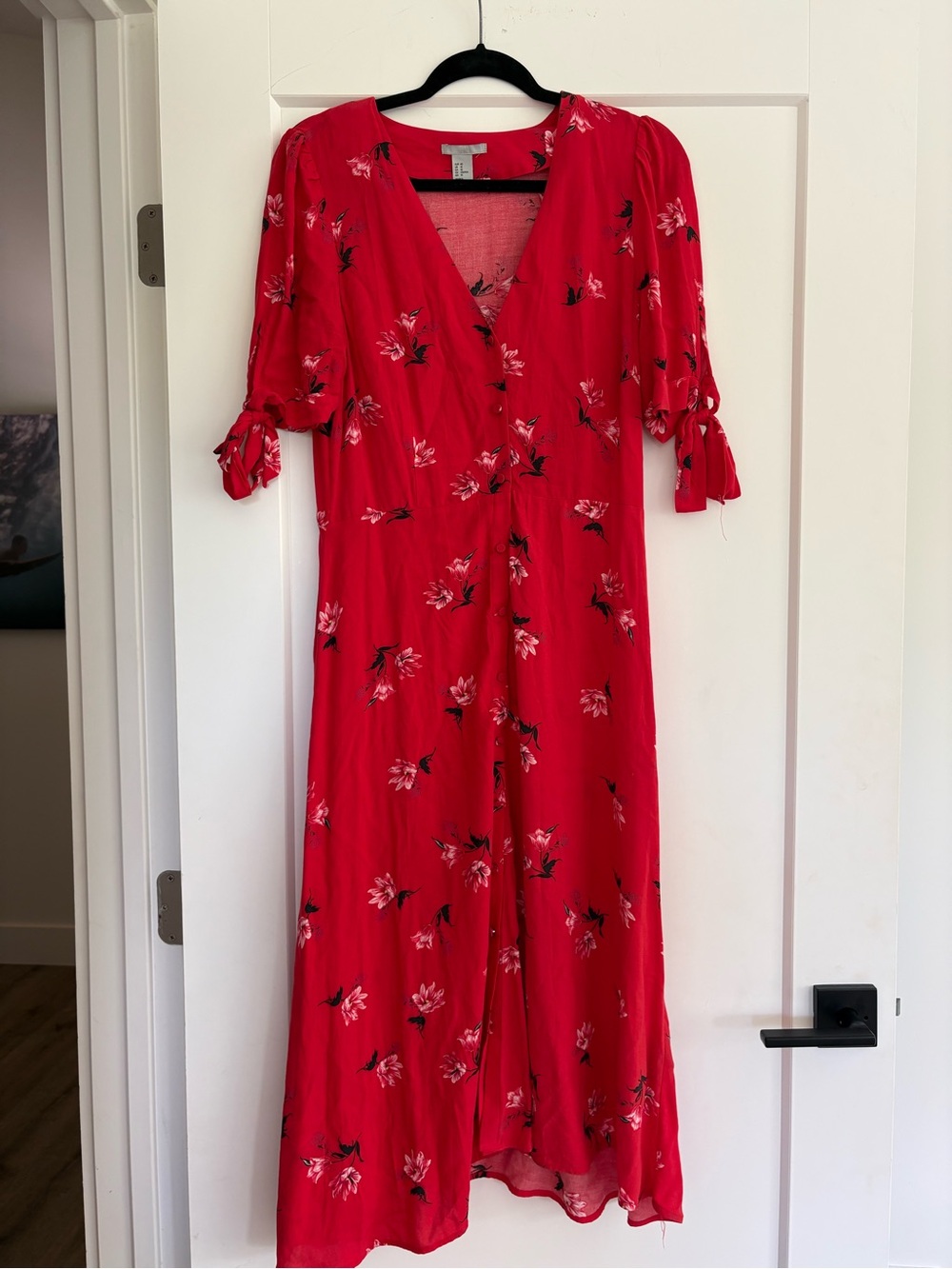 ❤️ H&M 90s-Inspired Red Floral Button-Front Midi Dress | 100% Viscose